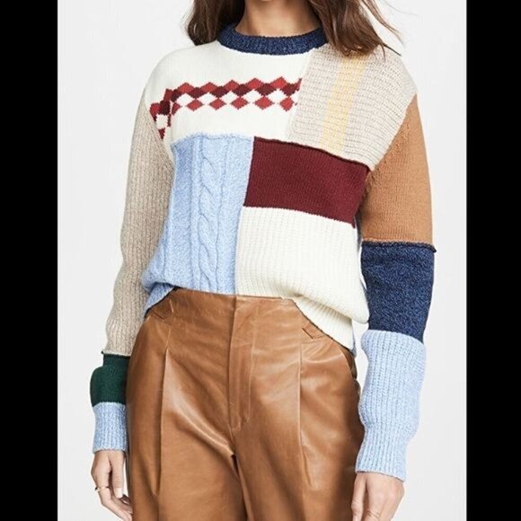 AlexaChung Blue Beige Wool Patchwork Crew Neck Sweater XL - Picture 3 of 9